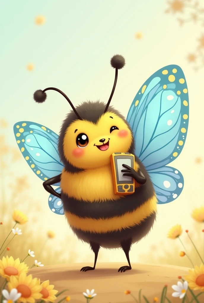 Cute bee with blue butterfly face and wings, holding cell phone and smiling