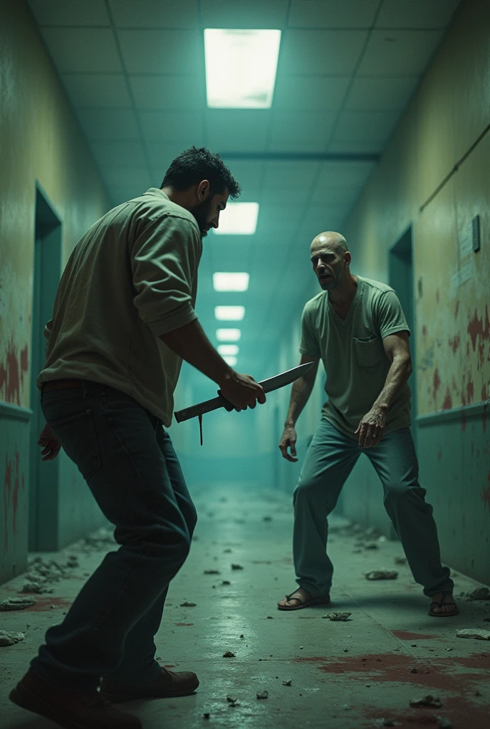 Abandoned hospital, man with a knife in his hand finds a zombie in front of him and attacks it to survive, the man kills the zombie