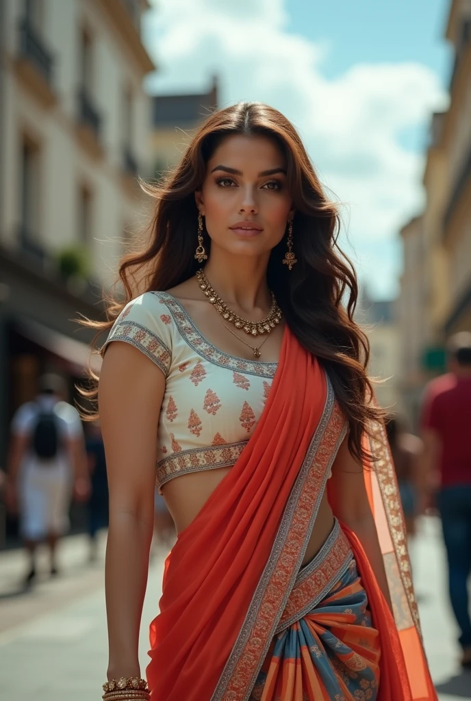 cowboy shot scenic professional photograph of RAW photo, photorealistic, [:intricate details:0.3], best quality, photo of beautiful Aishwarya Rai Bachchan Indian actress 45y old woman, with brown hair, detailed skin, (like a plus size:1.1), (beautiful round shape breasts:1.1), (big ass:1.1), ( white, red, blue, color saree with blouse), 1girl, graceful body structure, from front, looking at viewer, cowboy shot, in outdoor London town city, natural color, perfect viewpoint, highly detailed, wide-angle lens, hyper realistic, with dramatic sky, polarizing filter, natural lighting, vivid colors, everything in sharp focus, HDR, UHD, K Photorealistic, Hyperrealistic, Hyperdetailed, analog style, detailed skin, matte skin, soft lighting, subsurface scattering, realistic, heavy shadow, masterpiece, best quality, ultra realistic, 8k, golden ratio, Intricate, High Detail, film photography, soft focus