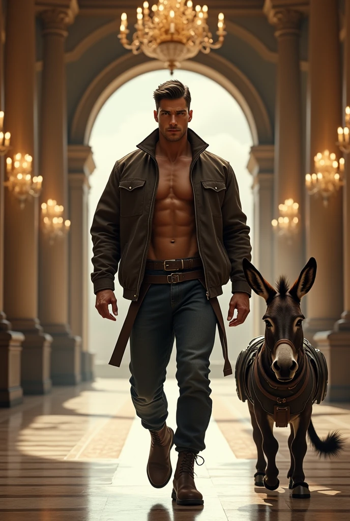 A strong beautiful man, brown eyes, wearing fighting jacket, walking and looking straight in the royal aisle and a donkey wearing underwear in human body and in tight steel jacket,looking excitedly towards at him during walking in the royal palace aisle