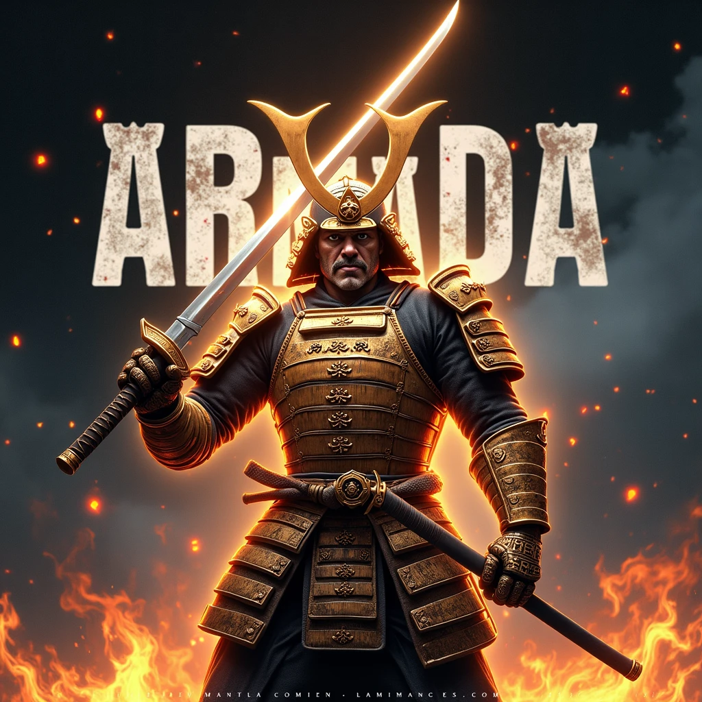 Pour créer l'image réaliste comme une photographie, imaginez un guerrier farouche, vêtu d'une armure de samouraï brillante, qui capte la lumière d'une manière captivante. Il tient un katana japonai. Autour de lui, des flammes tourbillonnent qui accentuent sa présence unique et intimidante. L'arrière-plan contient son nom " ARMADA ", qui est inscrit en lettres gothiques, ajoutant une touche mystérieuse à l'ensemble de l'image. Cette composition évoque à la fois la force et la singularité de ce personnage fascinant.