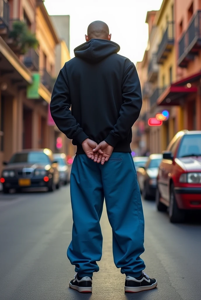 Man with his back turned fully clothed, with skater shoes and loose blue pants and a black wide-leg hoodie in a Latin city, putting his hand inside his pants scratching his butt, full body man with auras of funky newyork jazz eminem