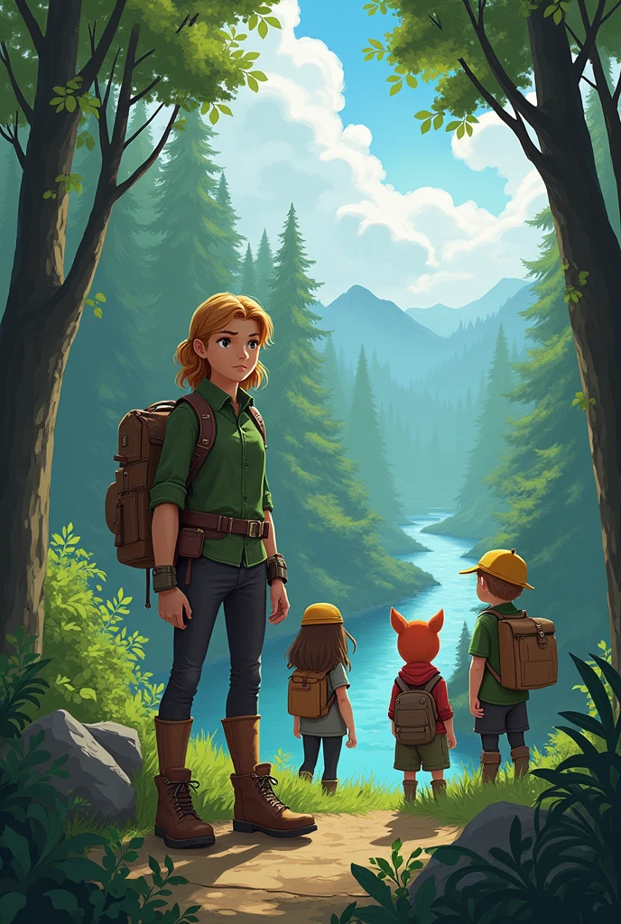Lila, determined and with a thoughtful look, standing at the edge of the forest with Oliver, Nutmeg, and Bella, ready to investigate the river issue