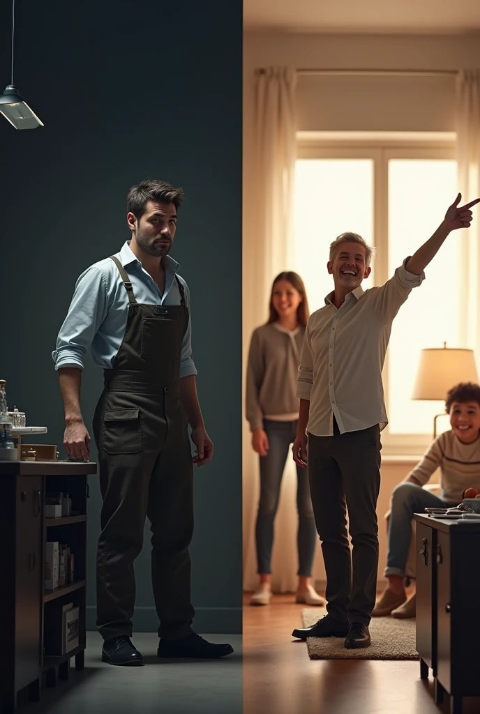 {
"size": "1024x685",
"prompt": "A realistic split-screen scene showing two contrasting life situations. On the left side, a person is sitting in a dull, cramped office space with a tired and sad expression, wearing plain work clothes, surrounded by piles of paperwork, with a harsh boss pointing and yelling at them. The environment looks dark and stressful, symbolizing a low-paying, unsatisfying job. On the right side, the same person is smiling brightly, now dressed in professional attire, celebrating after passing a public service exam. They are standing in a bright, spacious living room with their family, all looking happy and relaxed. The scene represents an improved quality of life, financial stability, and happiness after changing careers. The contrast in colors and lig