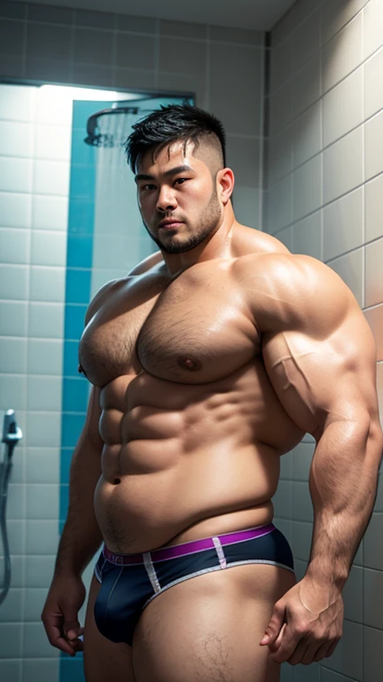 60A chubby, muscular man。
Asian Male Bodybuilder。Big muscles。large limbs。Upper body naked。
jockstrap。bulge。
Dad。Macho。Short Hair。Fade Cut。
Shower room。
Low - Angle。jockstrap。