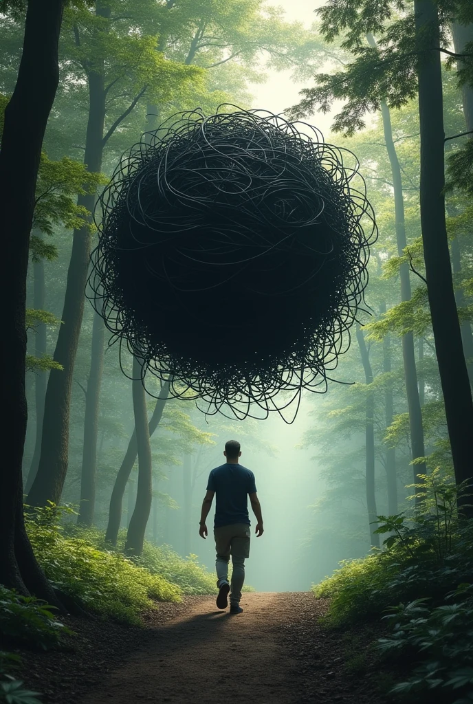 Make a person who gets rid of his problems, ( You will represent the problems with a bubble of black stripes that intertwine as if it were spaghetti., And in the background there is a forest, the person has to be walking backwards, moving away from the bubble of problems and raising an extended hand backwards as if he were letting go of his problems or saying goodbye. 
