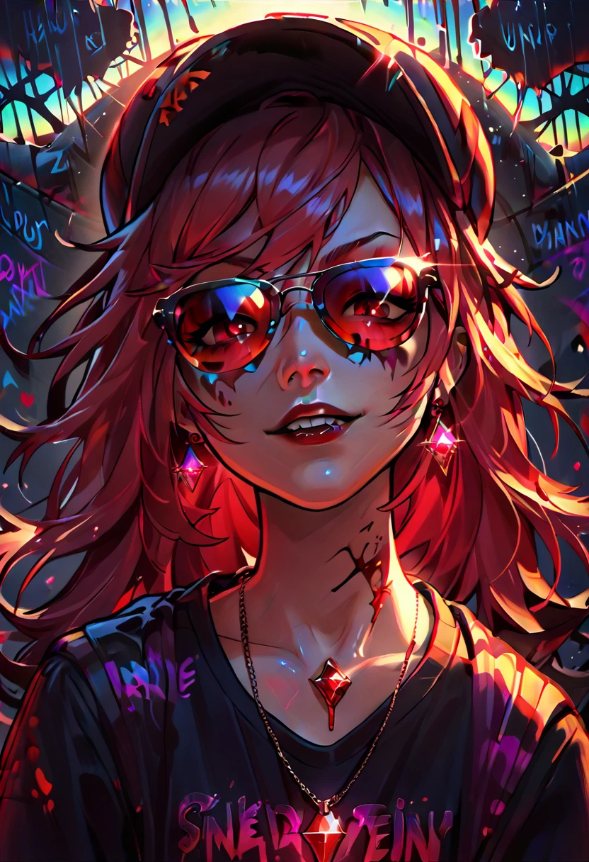 foreground,simple background,Background with neon rays of various colors,hyperdetailed,well defined details,hyper realistic,1 girl,graffiti hood,demon shirt,pierce,Sunglasses,blood gem pendant