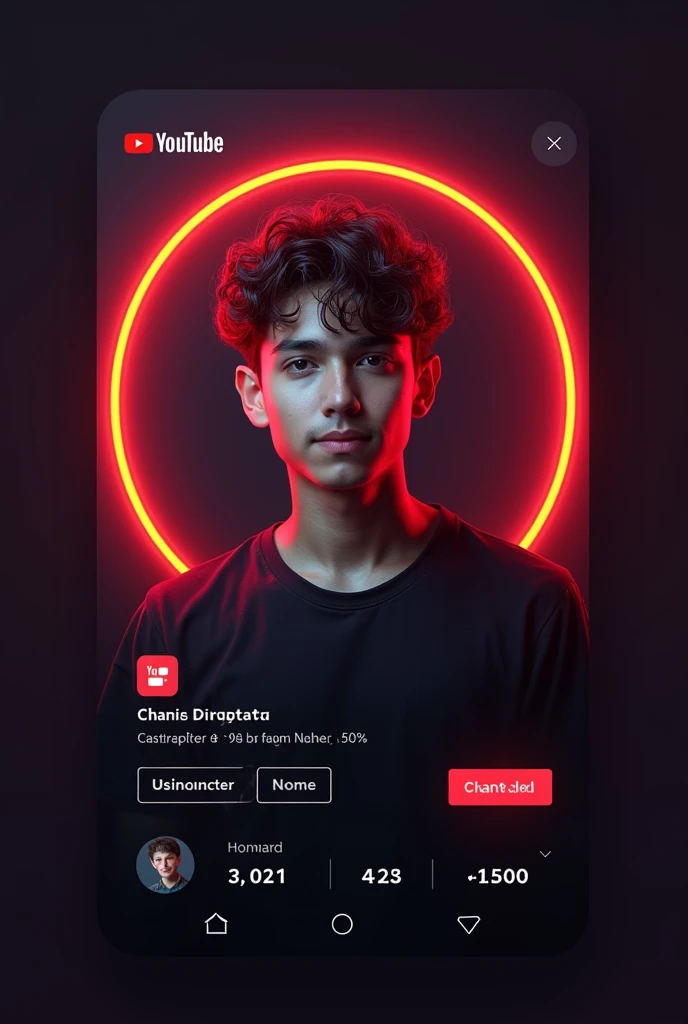 A digital card displaying a YouTube channel with a similar design to the provided the reference image.The card should feature a young person's portrait a circular frame on the left side, with the YouTube logo and the text your chennal name and your subscriber on the right side.The card should have a neon red outline and a dark background, similar to the reference image.