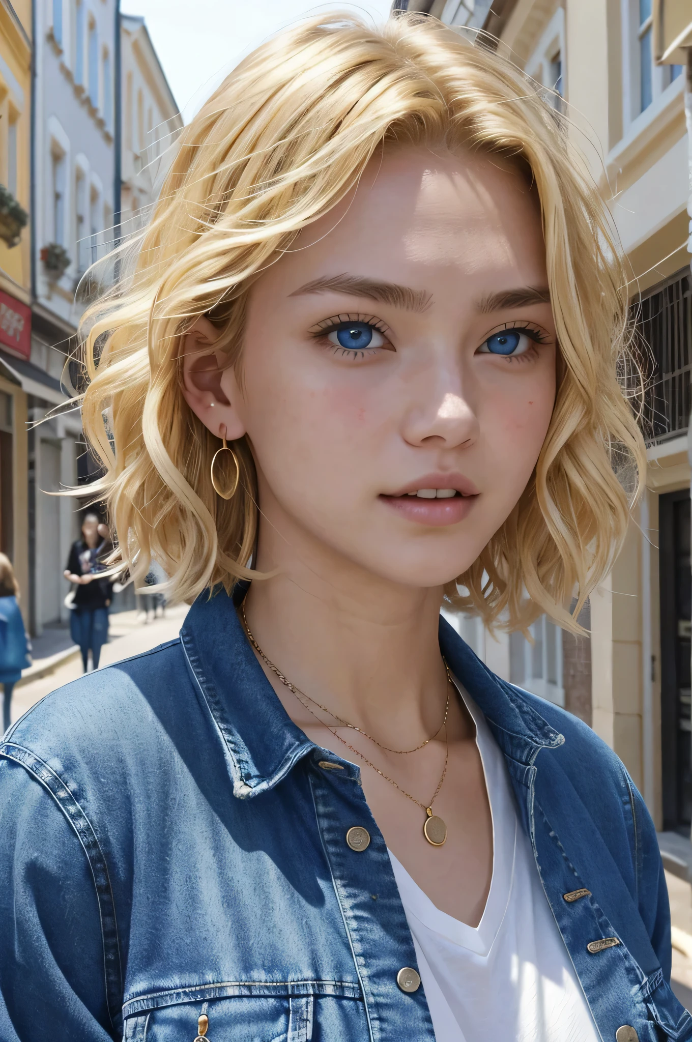 Blonde Caucasian Woman、, Wavy Hair、Short Haircut、, blue eyes,、Open your mouth a little、Denim jacket、shirt、Ear piercing、necklace、、The background is a town street