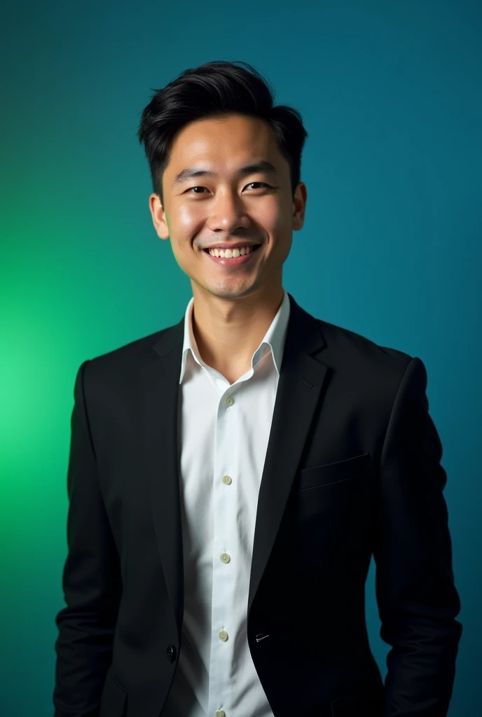 Ariyan emon official  A young man with dark hair and a confident smile.
He is dressed in a black blazer over a white shirt.
The man is positioned against blue colour backdrop with a subtle green lighting on the left side. and he posing for Linkedin profile