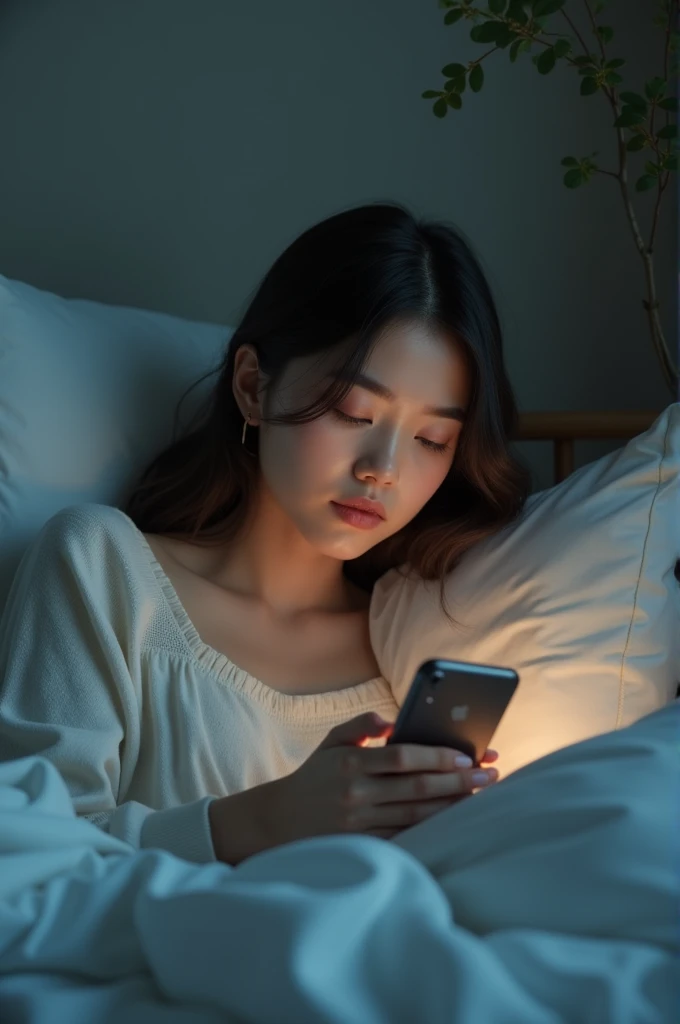 Girl lying in bed holding a phone