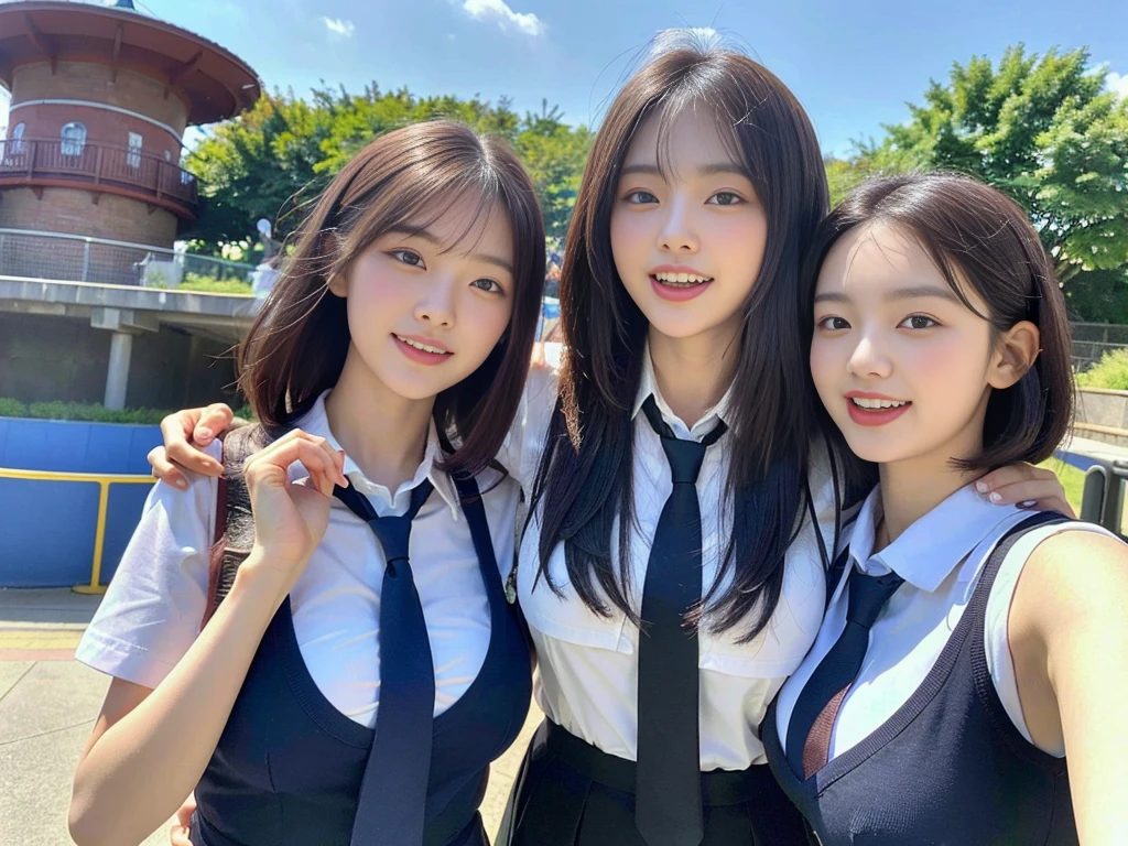 (A super cute Korean schoolgirl takes a commemorative photo with her two beautiful best friends:1.2)(laughing:1.2)(Beautiful Sweat:1.1)(16K, RAW Photos, Highest quality, masterpiece: 1.2),(A cute, shiny, beautiful, dark brown bob cut that sways softly in the wind.:1.1) Super detailed, Super Resolution, (Genuine, Genuine photos: 1.37), Portraiture, High-resolution RAW color photos, Professional photos, Very detailed, 8k wallpaper, Very detailed CG Unity 8k wallpaper, Very detailed beautiful girls, Very detailed faces, ((whole body)), beautiful woman, Huge breasts,(huge boobs:1.1) (Big Boobs:1.1), beautiful schoolgirl (Cute school uniforms,School-designated summer short-sleeved shirt＆Red tie and shirt uniform),high school girl, Korean,(K-POP Female Idols), (Idol-class beauty)(Beautiful high school girl:1.1)(In front of the triple waterwheel at an amusement park on a sunny day)(()(Date:1.2)(Group photo:1.2)