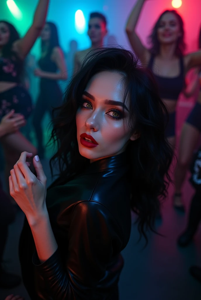 (masterpiece, hyperrealism, sharp images, photorealistic, best quality:1.5), (she is on her back looking slightly behind his shoulder) (Full body portrait, sky view), (highly detailed face:1.5), (has white skin, highly detailed skin:1.8), (20 years old woman) (she has very black wavy hair) (breast size: 1.3), detailed hd beautiful dark green eyes, lips marked with red lipstick, flirtatious look, big light green eyes, bold black eye shadows, huge eyelashes, (she is wearing a metalhead style clothing (a black leather shirt and black leather pants) the upper garment is short) (she has her eyes closed, and her body, face and hair are slightly sweaty) (she is in a discotheque, she is dancing passionately in the crowd, eyes closed and one arm raised while dancing) (there are a lot of people around, and blue, green and red lights) (background, it is already dark, people in the crowd have different styles of clothing)