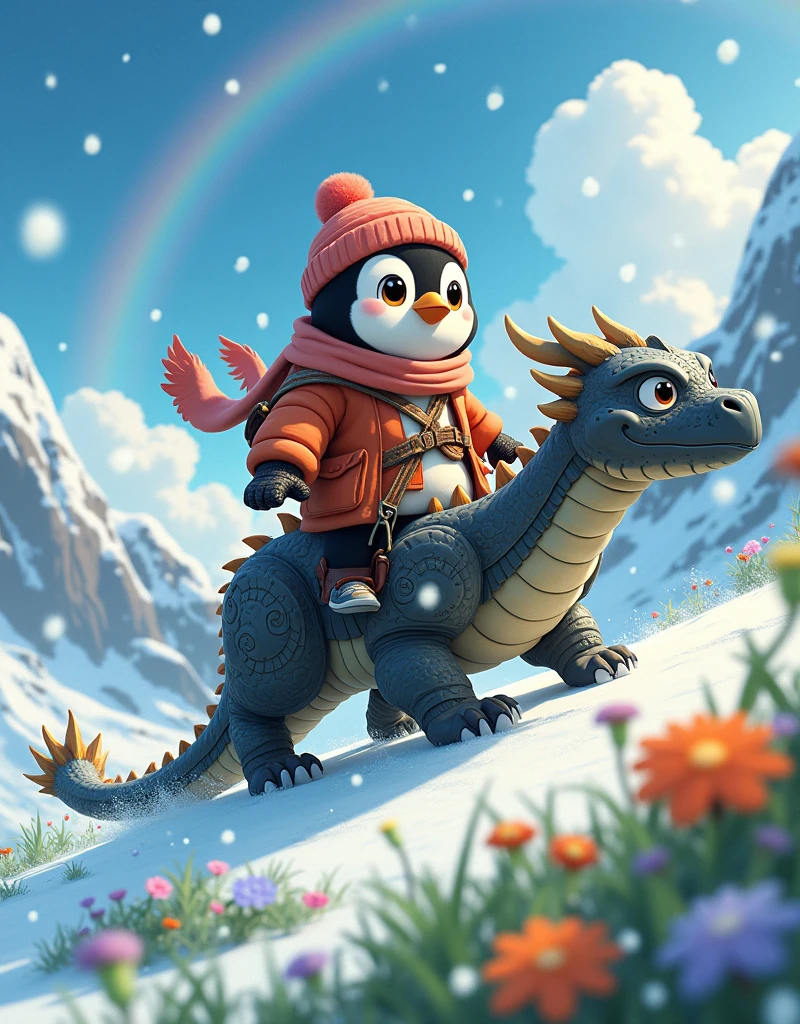 Ghibli Studio style, front view close-up of a cute penguin wearing a brightly colored fashionable winter jacket, scarf, beanie, and stylish sunglasses. The penguin rides a dragon in full ornate plate armor. The dragon with wide ornate wings flies above a snow-dusted hill, bursting with patches of light green grass and colorful wildflowers. A heavy snowfall, a wide majestic rainbow behind amidst cloudy peaks with magic crystal citadel.