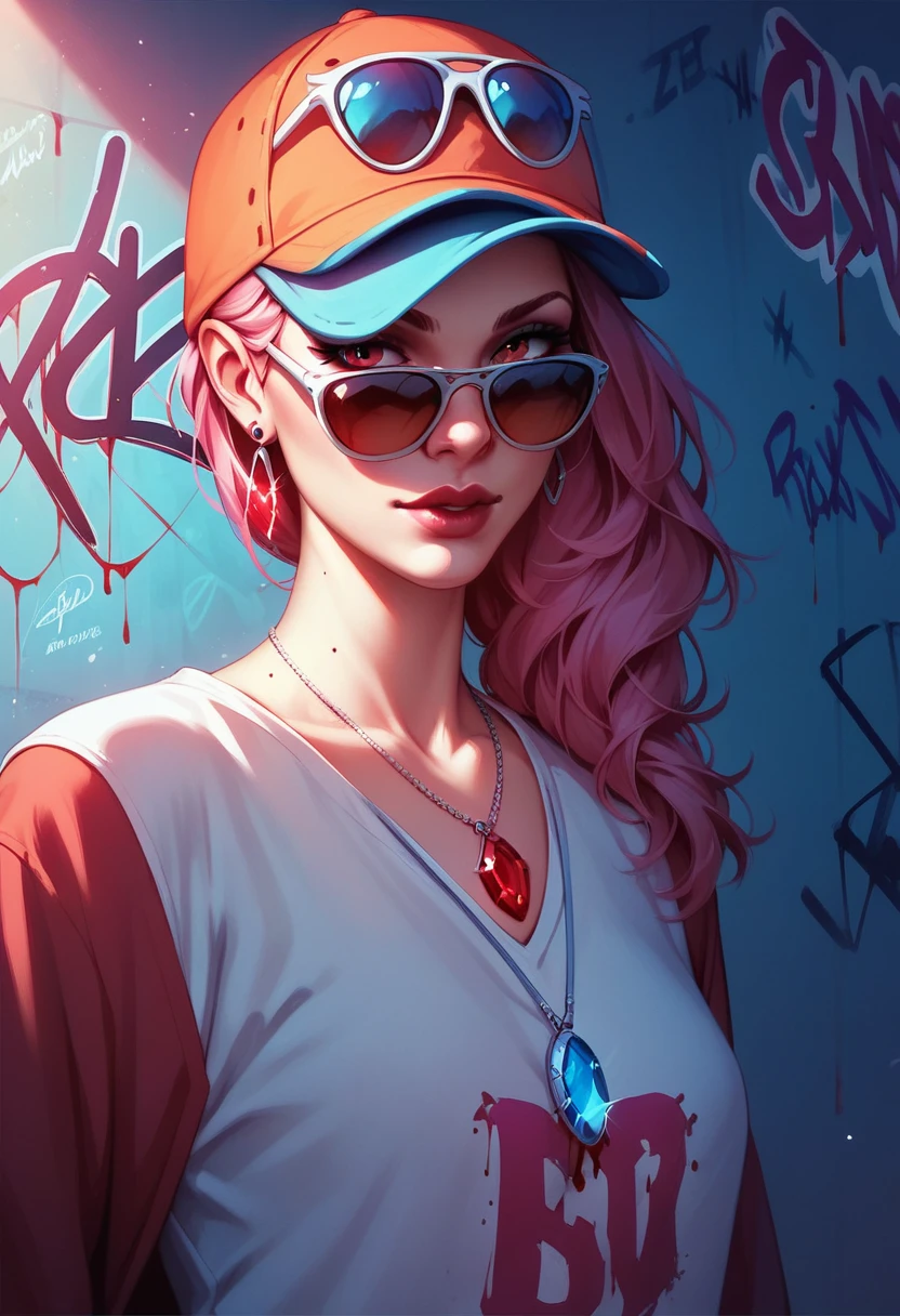 foreground,simple background,Background with neon rays of various colors,hyperdetailed,well defined details,hyper realistic,1 girl,graffiti hood,demon shirt,pierce,Sunglasses,blood gem pendant