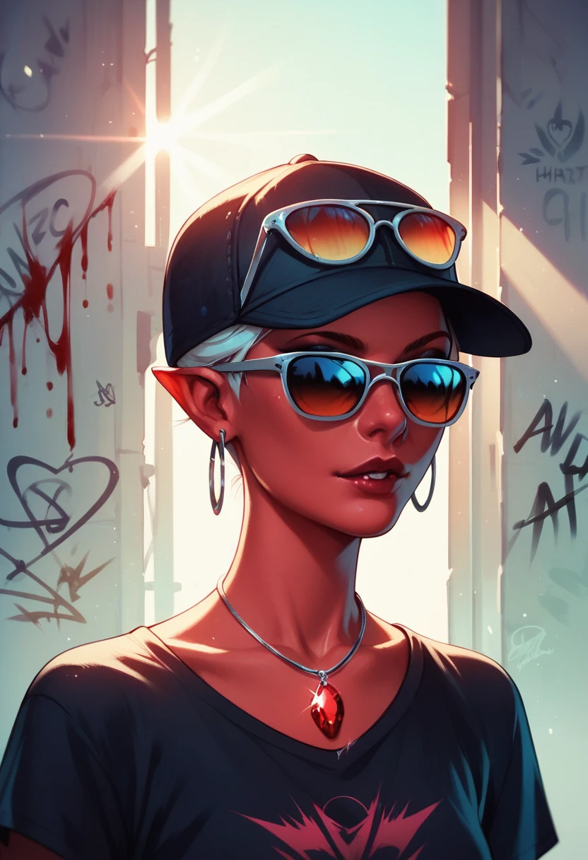 foreground,simple background,Background with neon rays of various colors,hyperdetailed,well defined details,hyper realistic,1 girl,graffiti hood,demon shirt,pierce,Sunglasses,blood gem pendant