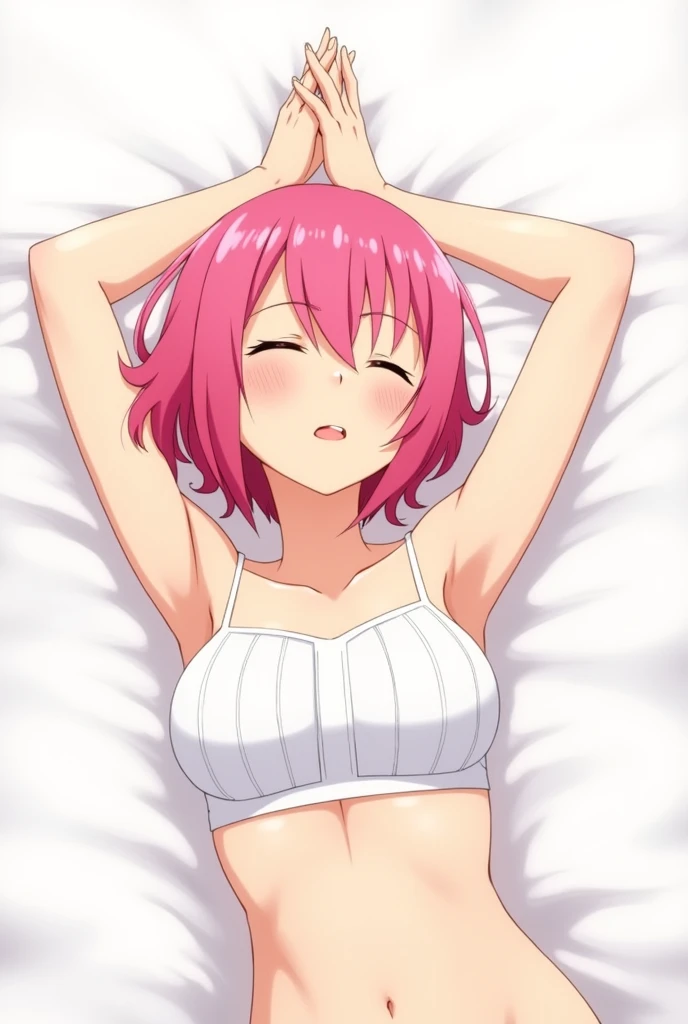 Alone female anime character, short bob hairstyle with wavy texture layered style and bright pink color, Wearing a white bra, pose of raising both hands up while lying on your back