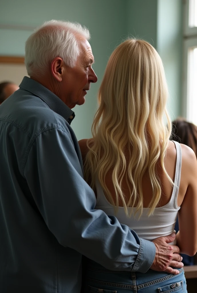 An 80-year-old man takes a beautiful 1 blonde from behind in a school classroom.
