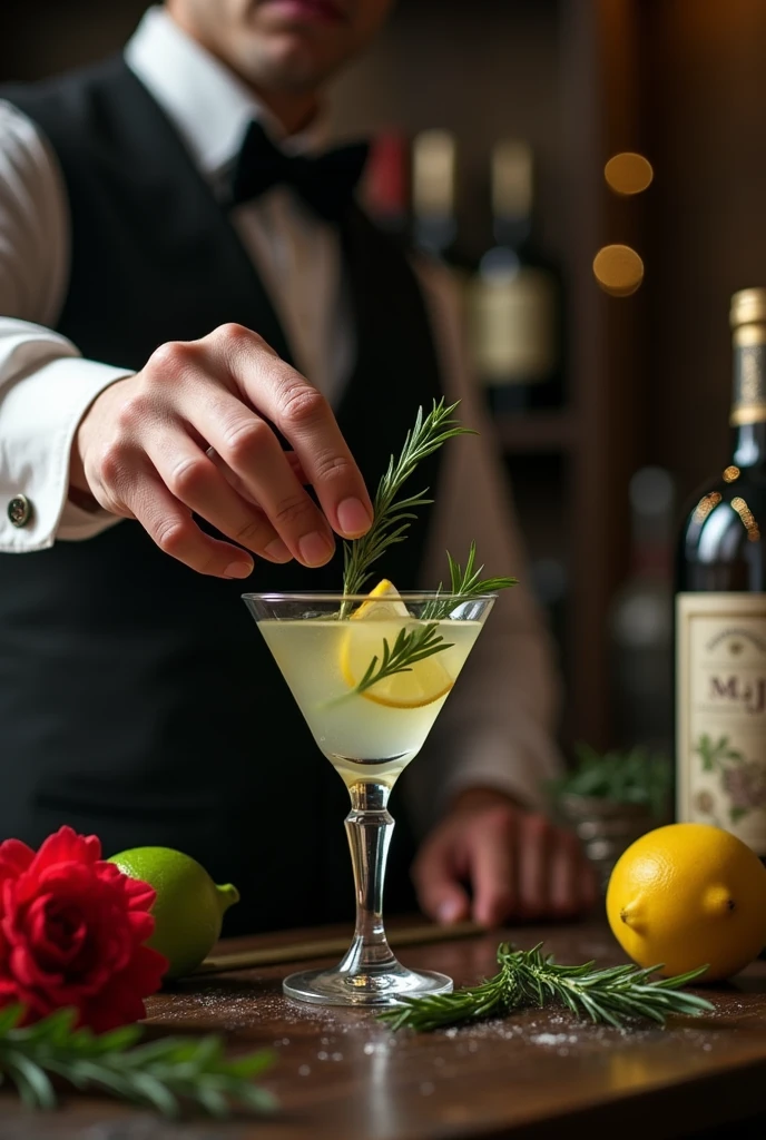Authentic BAR,( The bartender's right thumb was amputated at the second knuckle.), Steampunk,1800'with Mojito, Spectacular landscapes, , Extremely precise movements, A sublime and delicate work, Cocktail, masterpiece, 8k, high quality, Hands are a key element in the scene, The hands are very realistic and sharp,I don't draw my face,Wine Bottle Background、Dark interior、There are herbs, lemons and limes on the counter、Red flower、Rosemary in hand、Tall, delicate glass