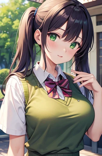 nozomitoujou, nozomi toujou, (green eyes:1.5), purple hair, twintails, low twintails, scrunchie, long hair, (large breast:1.2),
BREAK otonokizaka , pleated skirt, , short sleeves, skirt, summer uniform, sweater vest, yellow sweater vest,
BREAK looking at viewer,
BREAK outdoors, shrine,
BREAK (masterpiece:1.2), best quality, high resolution, unity 8k wallpaper, (illustration:0.8), (beautiful detailed eyes:1.6), extremely detailed face, perfect lighting, extremely detailed CG, (perfect hands, perfect anatomy),