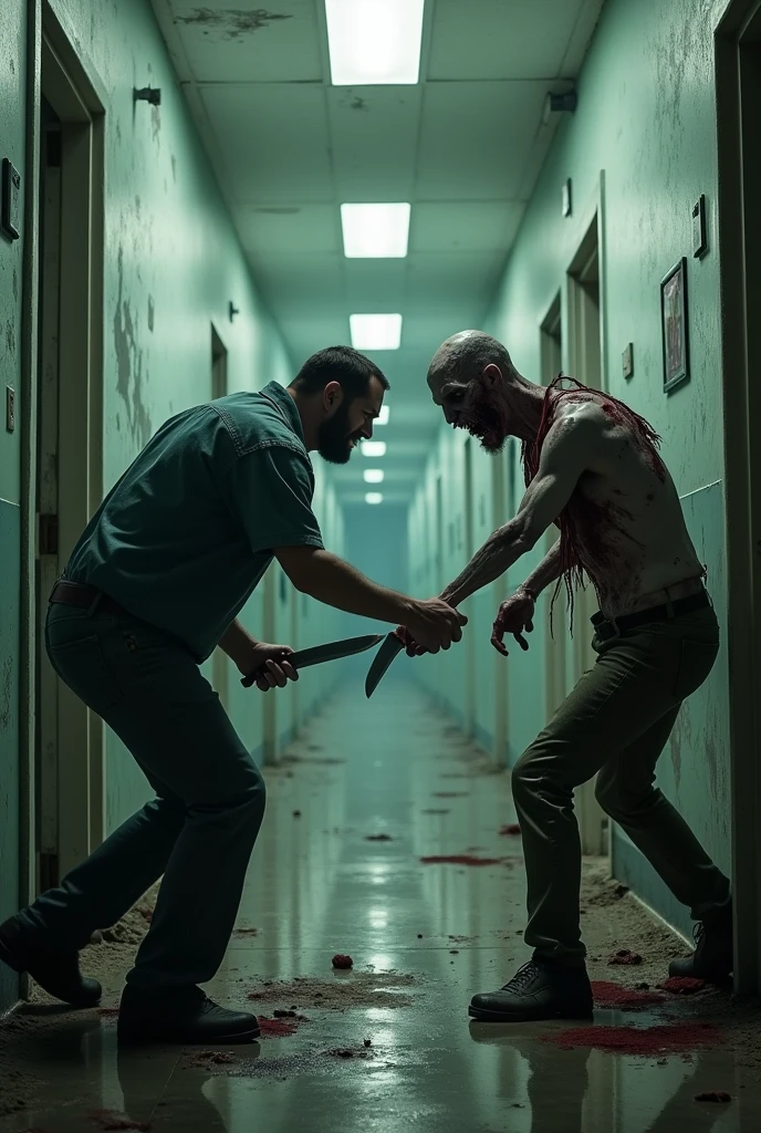 Abandoned hospital, man with a knife kills zombie