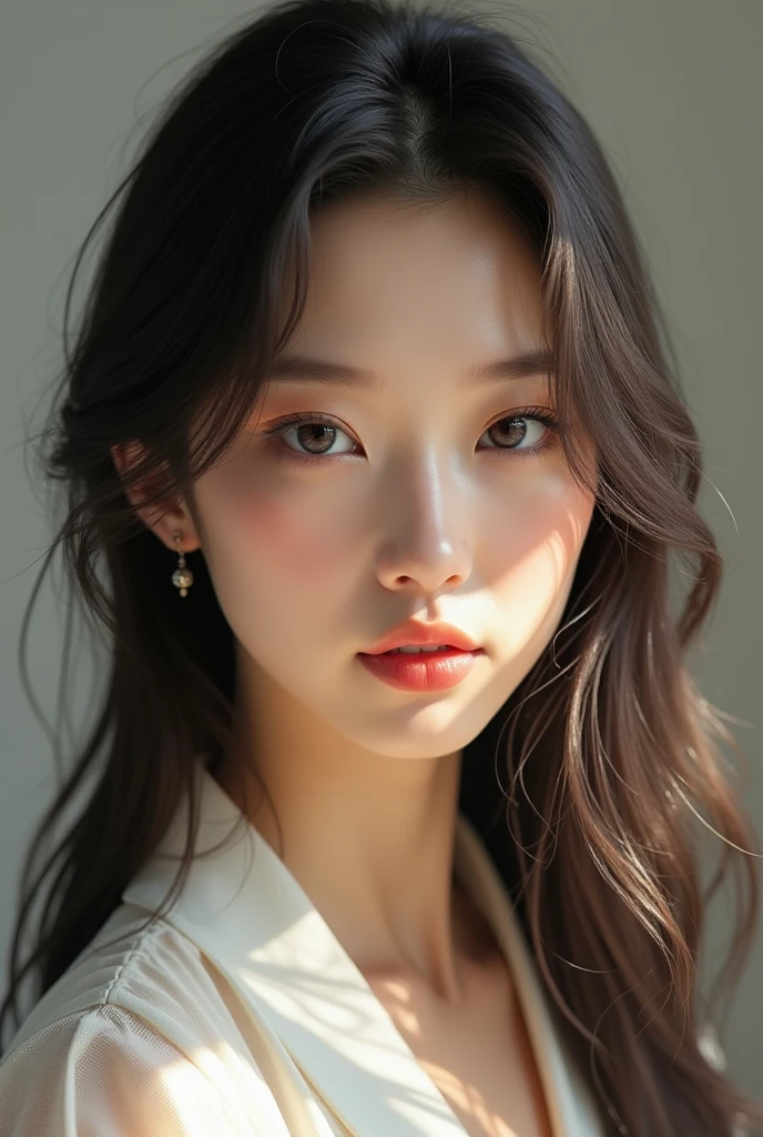 Make a young woman, brunette with black hair and Chinese eyes