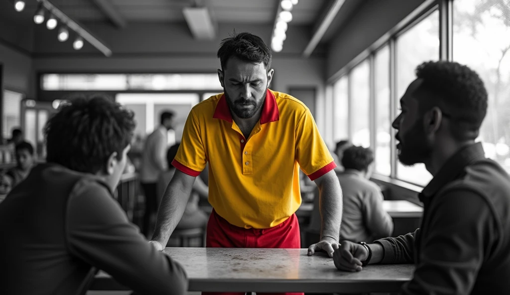 A distorted dramatic scene of an exhausted diner waiter, tired of working in this underemployment, customers sitting down calling the attendant, the whole scene is black and white and the attendant is wearing colorful yellow and red clothes.
