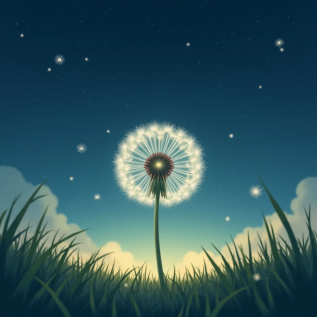 Ghibli Studio style, symmetrical close-up of a big dandelion seed head, gentle grass, beautiful starfall in the night sky.