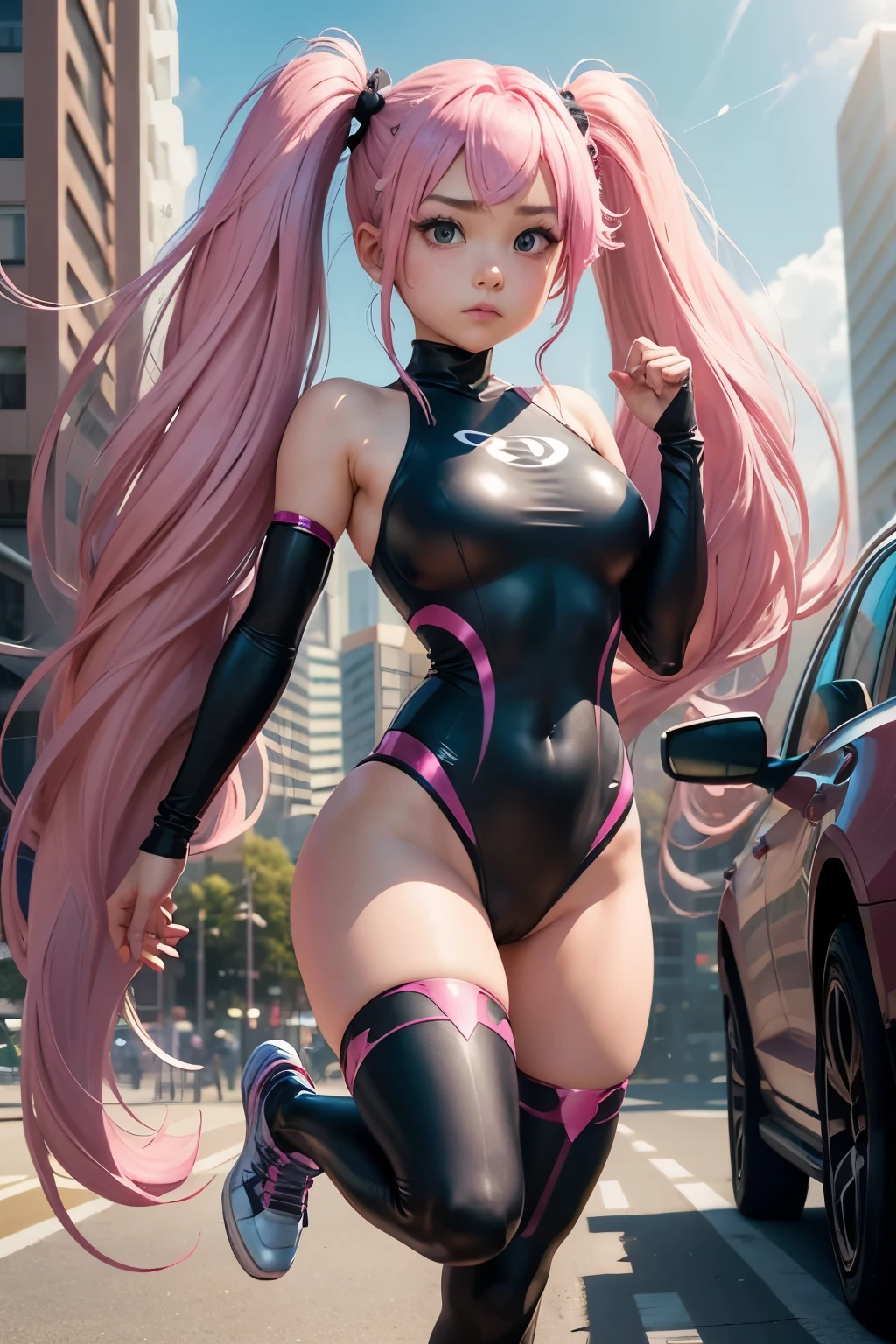 One person, Sexy Hero、leotard、 girl、Pink Hair、Very long hair, Twin tails, Full body portrait、、Big eyes、Round face、Confident expression、Future City、SF
