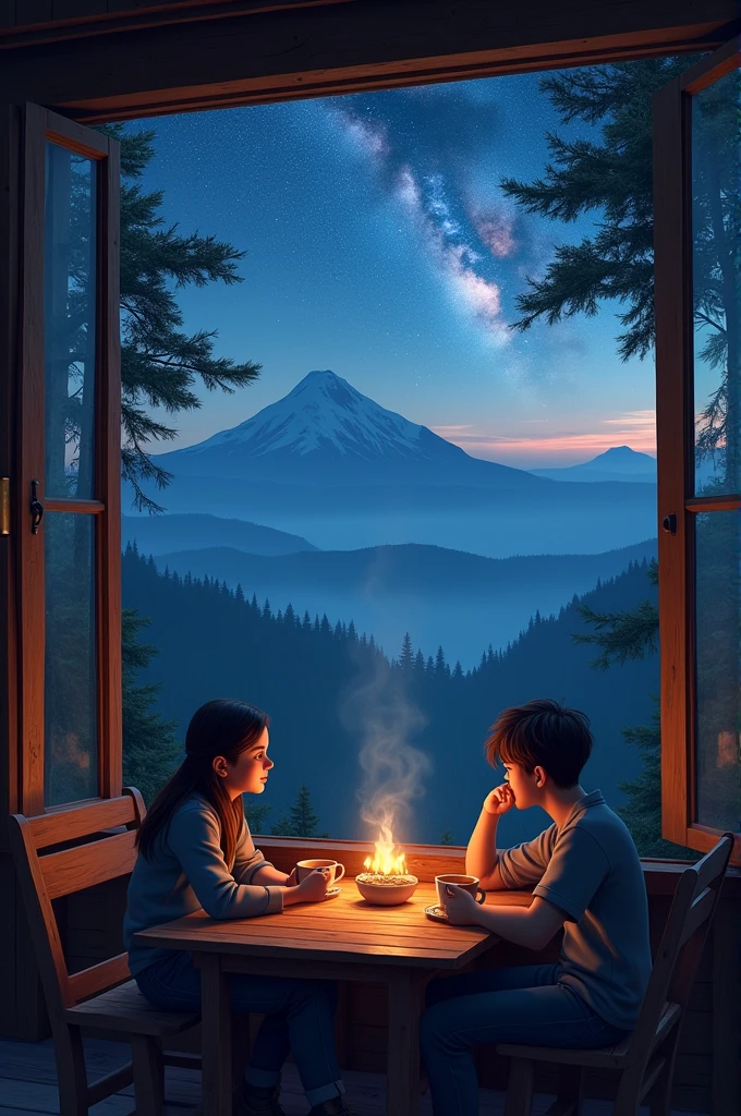 Cabin on top of a mountain with a table and chairs with cups of coffee and the forest in the background on a beautiful night