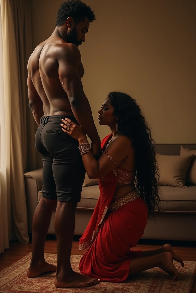 (Rimming ass: 1.5), (full body shot), (((Posh indian aunty is kneeling near a big muscular black guy who is standing tall, he is naked))). Her hands are wrapped around his legs, (((she is licking the man's ass, she is bending down towards his ass crack))).(((side view))). (The man is facing away from her). (Detailed face)
