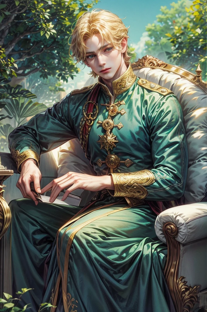 Prince with golden hair and blue-green eyes 