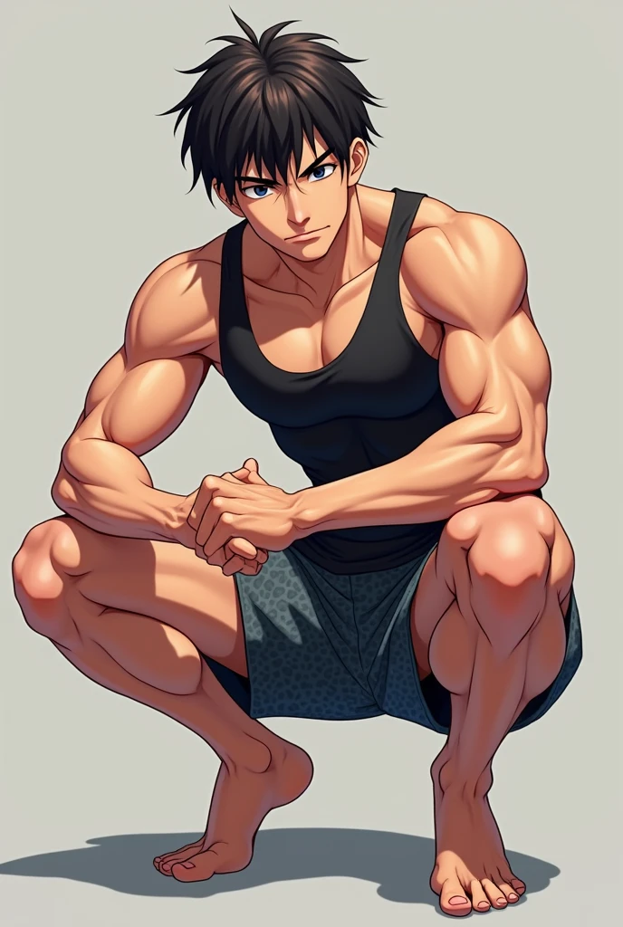 Anime handsome guy with tight sleeved undershirt and tight patterned shorts with muscles squatting with his hot thighs facing forward seductively