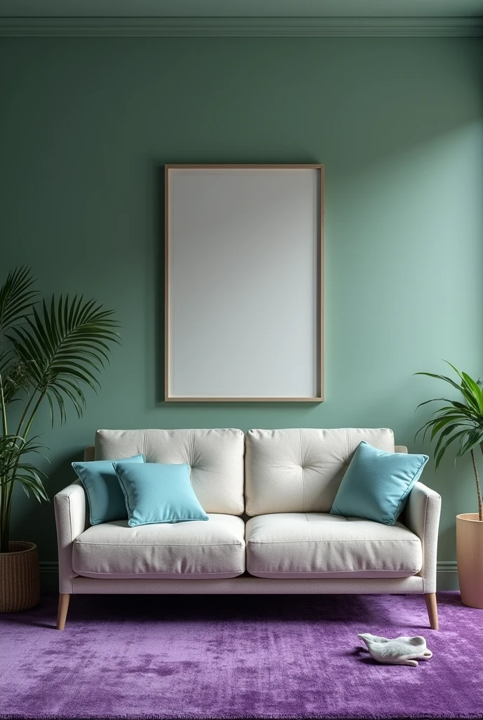 Create a drawing room of plain green colour wall.purple color carpet on the floor. Cream and sky blue color combination for safa.