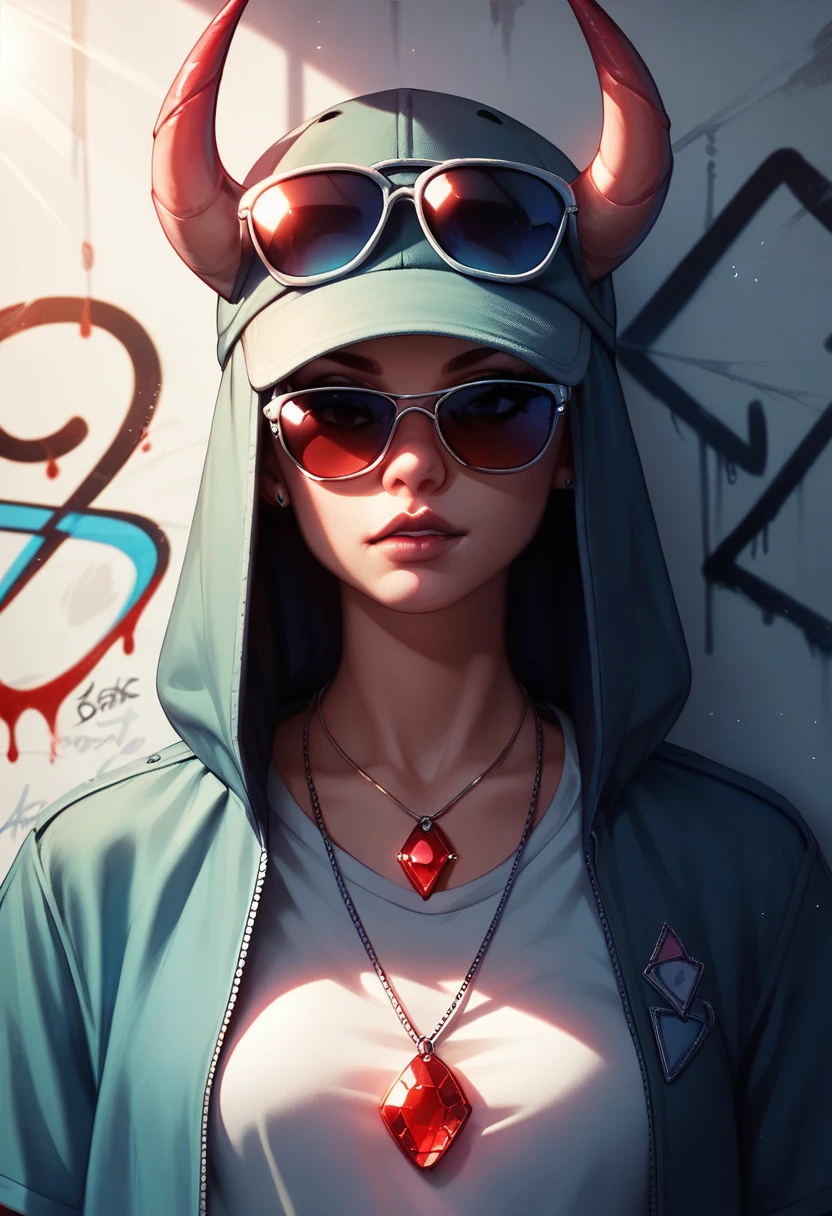 foreground,simple background,Background with neon rays of various colors,hyperdetailed,well defined details,hyper realistic,1 girl,graffiti hood,demon shirt,pierce,Sunglasses,blood gem pendant