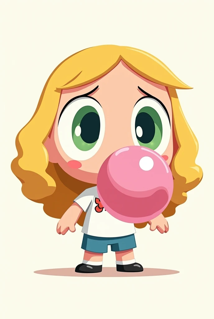 "Powerpuff Girls style cartoon character. Large oval head with huge green eyes taking up most of the face. Thin black outlines. No visible nose. Long, curly blonde hair framing the face. Pink skin tone. Blowing a large pink bubblegum bubble. White shirt with small butterfly emblem. Hint of blue shorts at bottom. Simple, flat color style with no shading. White background. 2D animation look. Cute and expressive."
