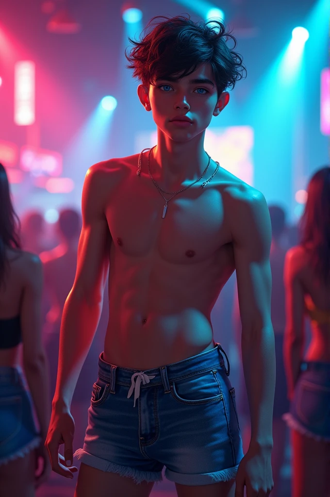 Boy with black hair and blue eyes wearing short shorts and a top at a club