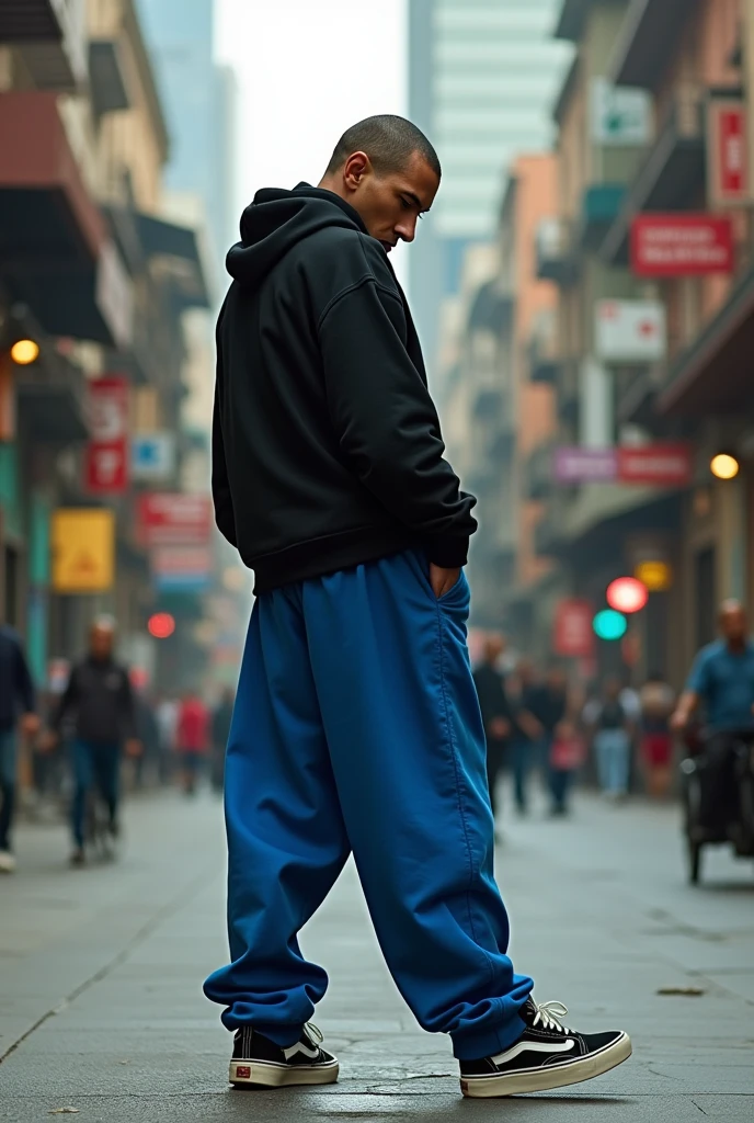 Man with his back turned fully clothed, with skater shoes and loose blue pants and a black wide-leg hoodie in a Latin city, putting his hand inside his pants scratching his butt, full body man with auras of funky newyork jazz eminem, but looking back with a face of hate