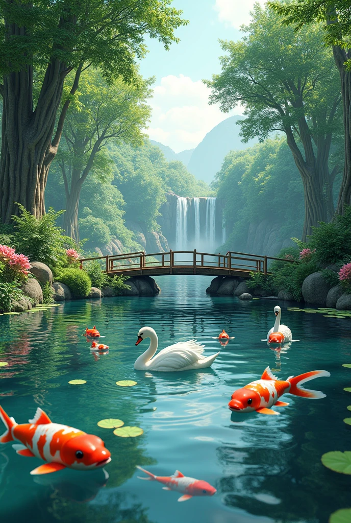 Create a beautiful lake with koi fish and birds like swans and ducks with a small waterfall, and water lilies, surrounded by lots of vegetation, and huge trees, with a bridge in guadua, rustic style that is realistic