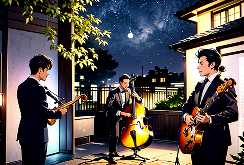 color photo of "Shadows of four men playing jazz instruments, their suits visible, singing on the rooftop of a house", a scene bathed in moonlight, with a cool breeze rustling the leaves, distant city lights twinkling, creating a cozy and intimate atmosphere —c 10 —ar 2:3
