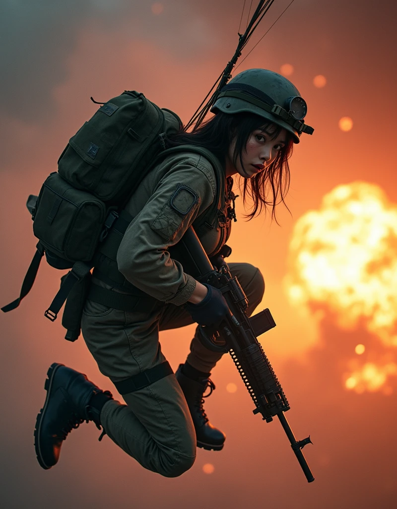 Photo-realistic, ultra-realistic, (very beautiful Japanese, famous Japanese idol:1.3), (Fully equipped for battle:1.5), large assault rifle on her back, (Experienced army paratroopers:1.5),(she is about to landing with parachute at Army skydiving mission at night:1.5), parachute is fully extended, (painful impressions, crying:1.3), (wearing an army paratrooper's Camouflage outfits with military helmet:1.5), very large breasts, (tactical vest, military harness:1.3), (military long boots:1), amazing view of massive explosion from the sky, acrobatic pose, dynamic angle, spectacular, (injured:1.3), (muddied, damaged wears, damaged body:1.3),