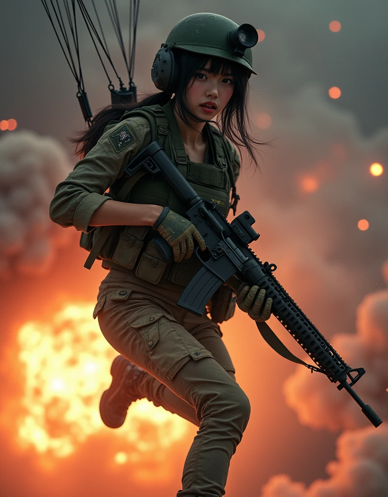 Photo-realistic, ultra-realistic, (very beautiful Japanese, famous Japanese idol:1.3), (Fully equipped for battle:1.5), large assault rifle on her back, (Experienced army paratroopers:1.5),(she is about to landing with parachute at Army skydiving mission at night:1.5), parachute is fully extended, (painful impressions, crying:1.3), (wearing an army paratrooper's Camouflage outfits with military helmet:1.5), very large breasts, (tactical vest, military harness:1.3), (military long boots:1), amazing view of massive explosion from the sky, acrobatic pose, dynamic angle, spectacular, (injured:1.3), (muddied, damaged wears, damaged body:1.3),