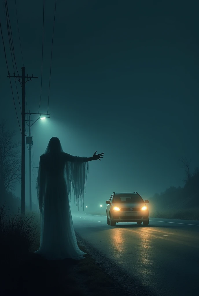 a long-haired zombie,zombie face. Ugly ghost.long hair cover face , ghost, ju-on , lying down pronebone on the roof of a car, wearing a ripped long white dress, car drifting. Car move fast , epic. High shutter speed. , dramatic lighting, cinematic atmosphere, moody color tones, high contrast, photorealistic, 8K, masterpiece, ultra-detailed. At night. Flash photography. In jungle scene. Horror scene. Car turn on light . Drive in car shocked. Moon background. 12 am. Fog night. Wet night. Road cracking. 