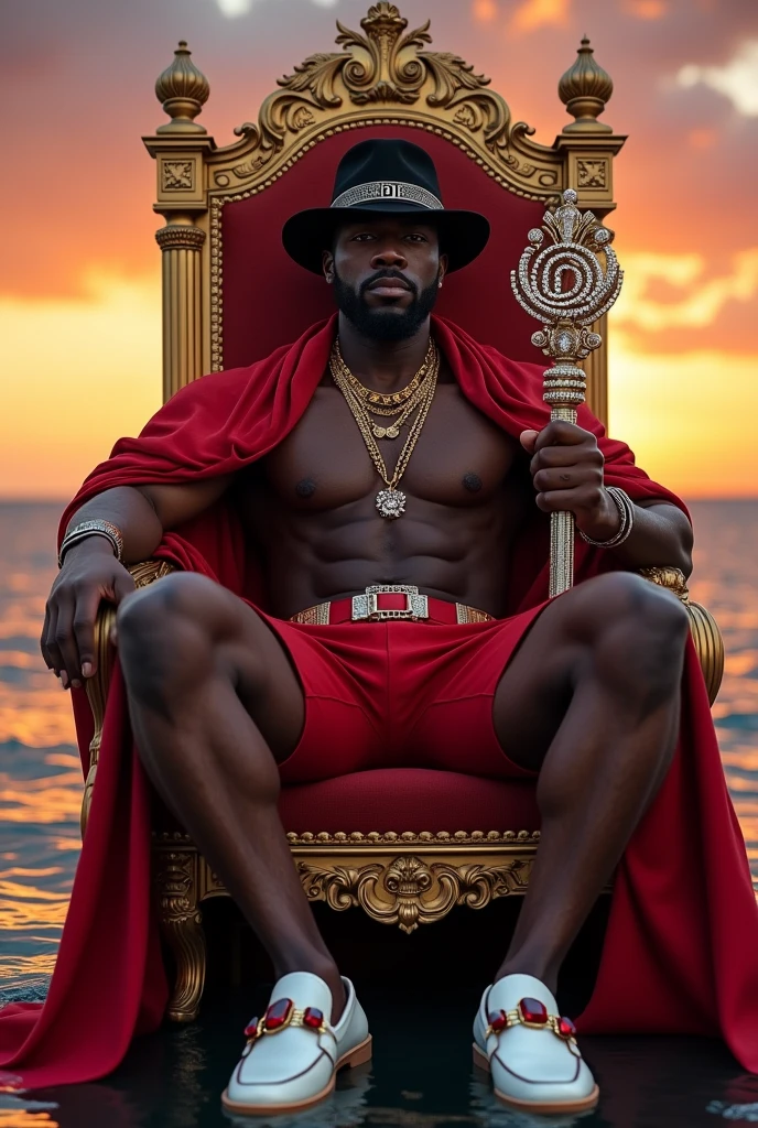 Forty year old black man, very elegant and sophisticated, strong athletic build, with a goatee, wearing jewelry and a modern bowler hat, shirtless in red dress shorts Italian loafer shoes in white with red and ruby stone details.
The initials DL are written on the hat band. The model is sitting on a throne with his legs slightly crossed.,holding a scepter studded with diamonds and gold, in the middle of the sea at dusk