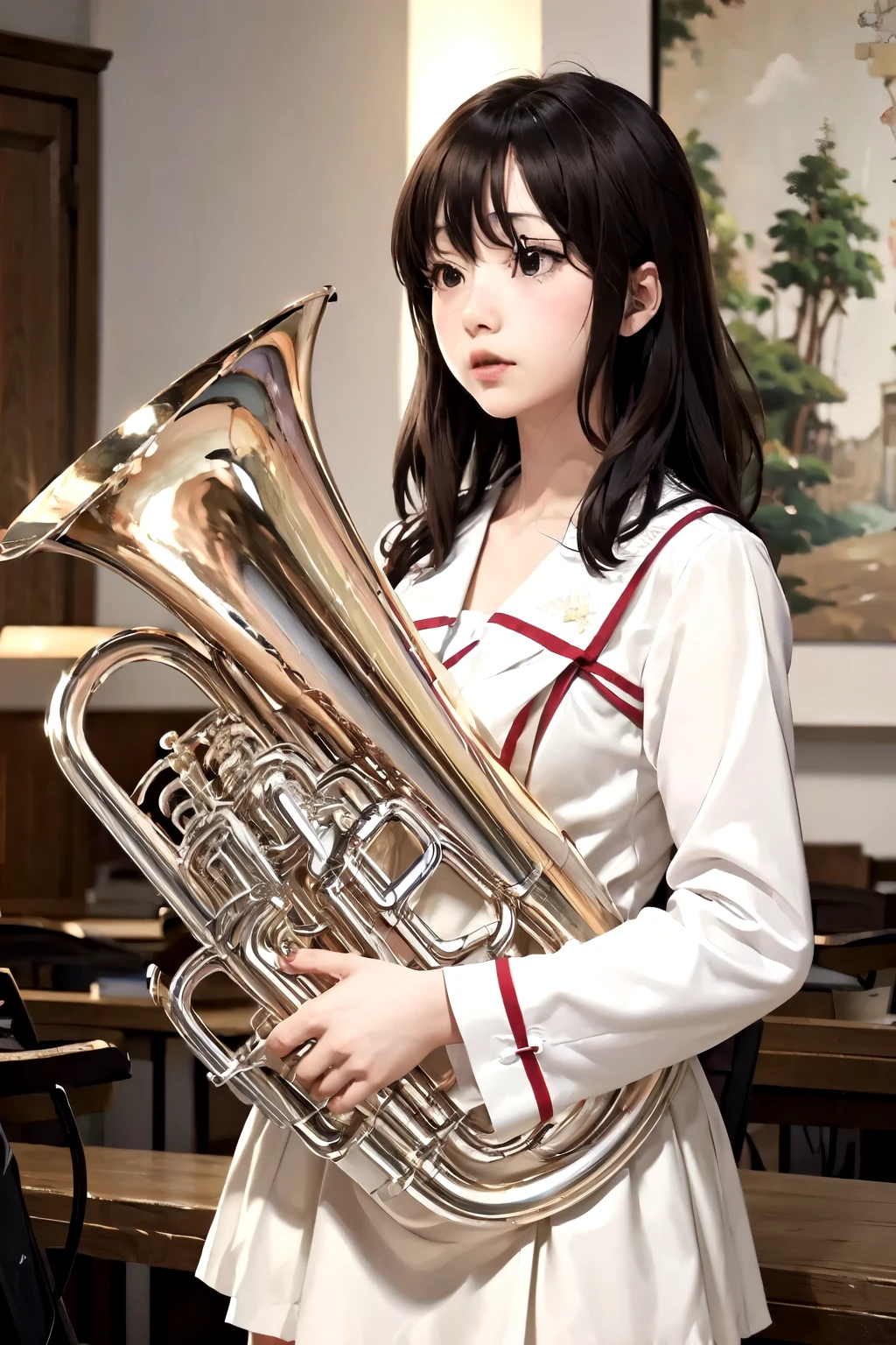 (masterpiece, Highest quality:1.2), (One Girl), play the euphonium, alone, (Draw the Euphonium Shape Accurately:1.4)、Standing、(From before)、In the uniform of Kitauji High School、Anime Art、4K、8k、wallpaper、