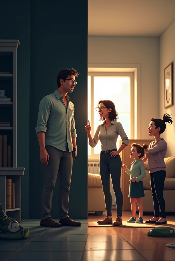 {
  "size": "1024x685",
  "prompt": "A realistic split-screen scene showing two contrasting life situations. On the left side, a person is sitting in a dull, cramped office space with a tired and sad expression, wearing plain work clothes, surrounded by piles of paperwork, with a harsh boss pointing and yelling at them. The environment looks dark and stressful, symbolizing a low-paying, unsatisfying job. On the right side, the same person is smiling brightly, now dressed in professional attire, celebrating after passing a public service exam. They are standing in a bright, spacious living room with their family, all looking happy and relaxed. The scene represents an improved quality of life, financial stability, and happiness after changing careers. The contrast in colors and lig
