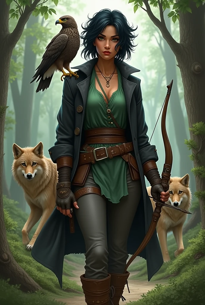 A tanned woman a black hair thatfeatures short layers at the top that add volume and texture, gradually transitioning into longer, wispy ends around the neck and shoulders. The hair often frames the face with curtain bangs or soft, choppy fringe, giving it a wild, untamed appearance. and striking green eyes. She wears a hunter outfit consisting of a green tunic, a black coat on the chest dark pants, and boots. A necklace hangs around her neck, and she has an archer's glove on her right hand, holding a bow. She is surrounded by animals, with a wolf on her left and a hawk perched on her shoulder. The setting is a forest, and her stance is confident and ready for action.I would like it to be in a mature style, with the art in a fantasy and RPG style set in the Old West.