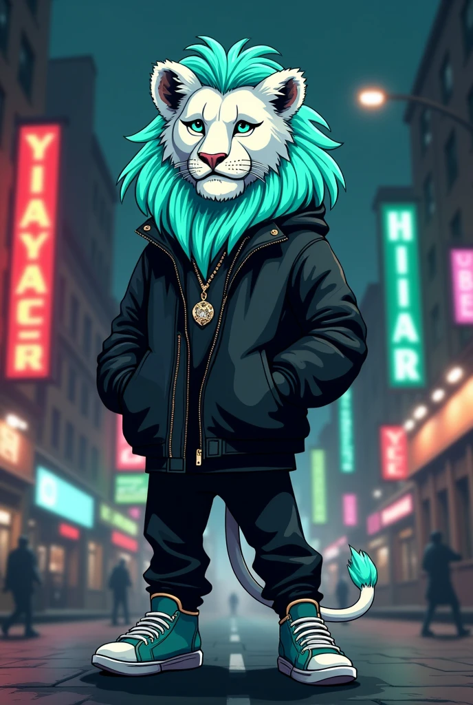 White lion with aquamarine green mane and aquamarine green eyes in a cartoon style, dressed in a black jacket and black pants, looking like a rapper standing on two legs on the street at night with an urban background that gets publicity..