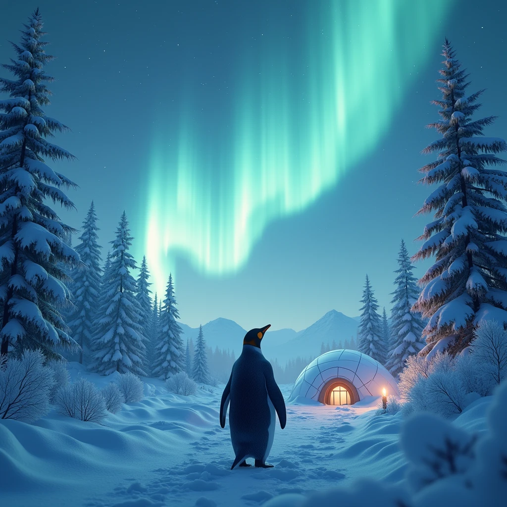a beautiful glowing aurora, igloo, a penguin looking up at the aurora, night, a forest of frost-covered trees, (best quality,4k,8k,highres,masterpiece:1.2),ultra-detailed,(realistic,photorealistic,photo-realistic:1.37),stunning winter landscape, dramatic lighting, serene atmosphere, peaceful penguin, intricate details, soft glowing colors, magical aurora borealis, frozen wonderland, cinematic composition