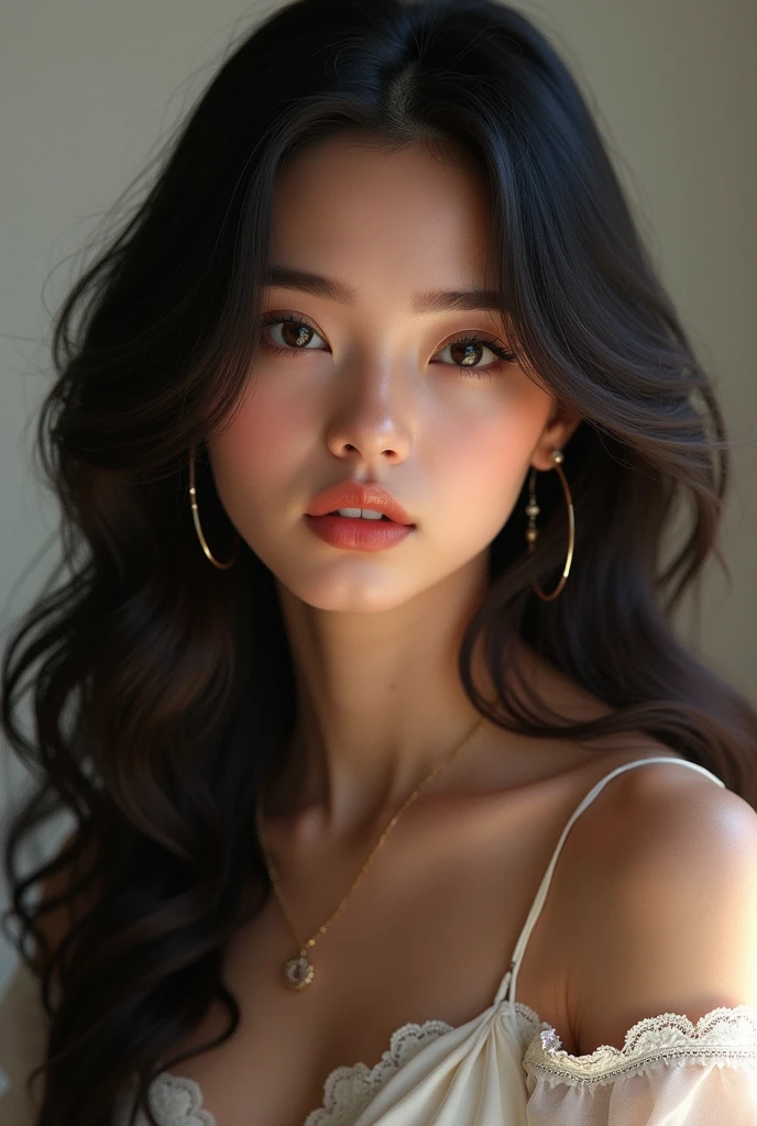Make a young woman, brunette and black hair